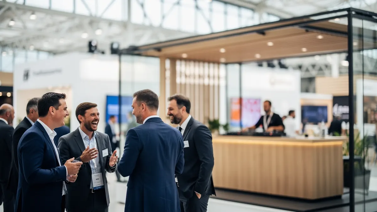 Heller Messestand mit Lounge-Atmosphäre und DJ im Hintergrund